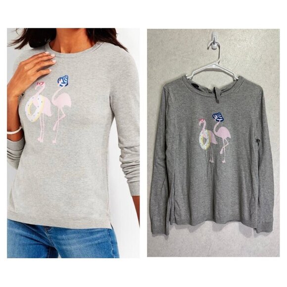 TALBOTS Gray Pullover Sweater Flamingo Novelty Soft Casual Minimalist Cute LARGE - Picture 1 of 9